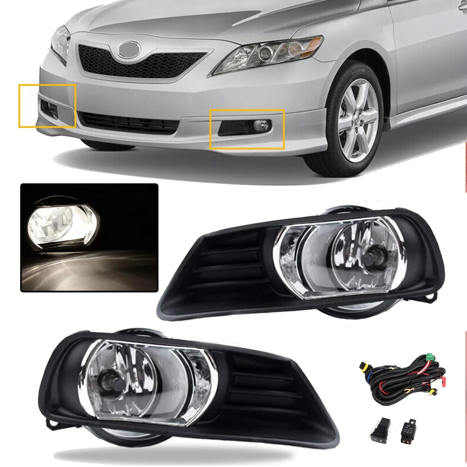 Pair For 2007-2009 Toyota Camry Clear Front Bumper Fog Lights Lamps Assembly