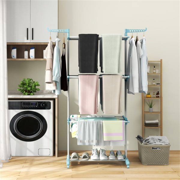 Blue 4-Tier Foldable Clothes Drying Rack with Wheels,