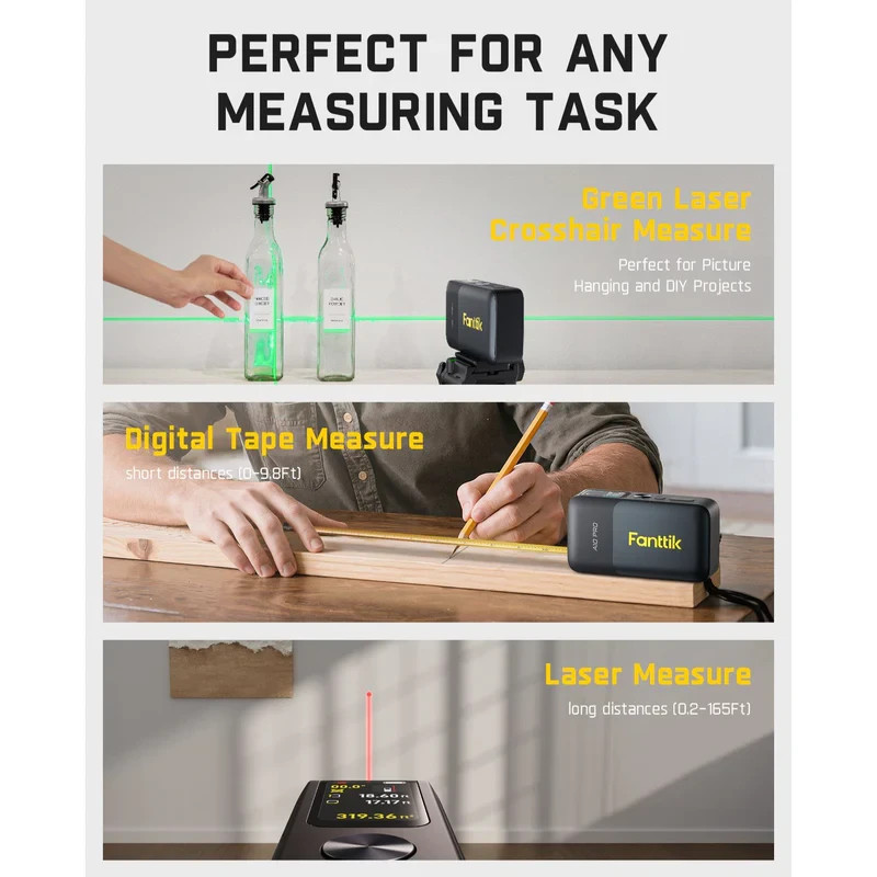 Fanttik A10 Apex 3-in-1 Digital Laser Tape Measure with HD Color Display, 165Ft