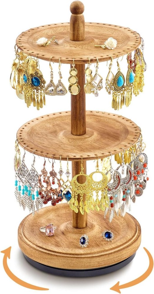 Earring Holder Organizer, Rotating Solid Wood Earring Organizer Stand for
