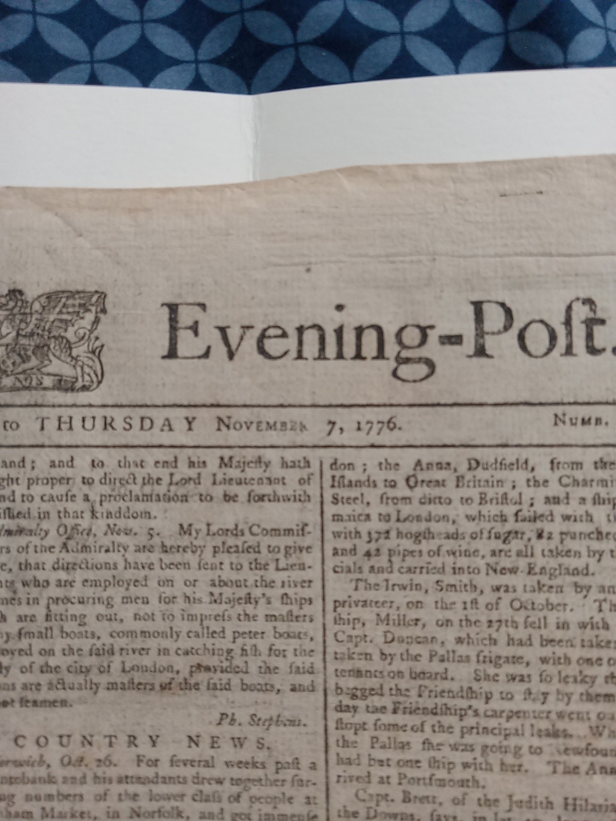 Original 1776 British Newspaper - American Revolutionary War - Colonies