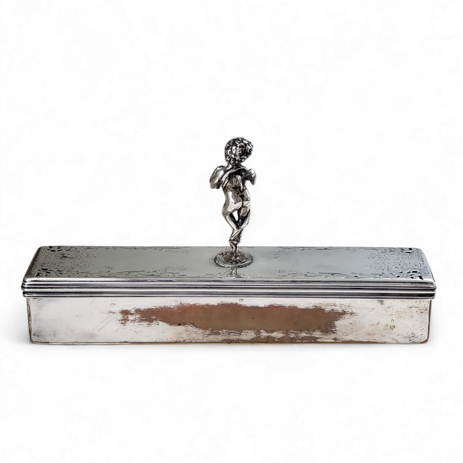 Antique 1840 Thomas Dicks Sterling Lid Cherub Handle Silver Plate Box London