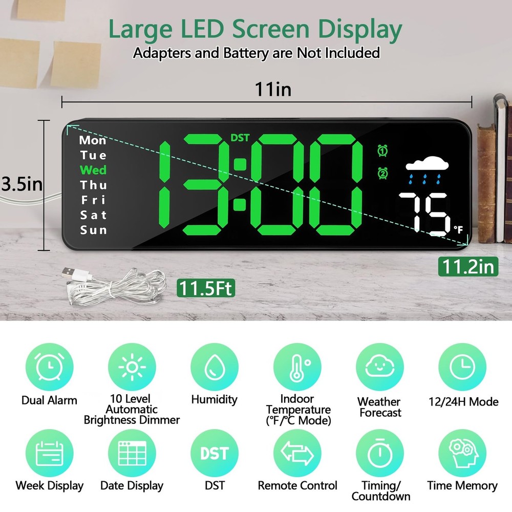 Digital Wall Clock with Remote Control, Large Display Plug in LED Digital Ala...