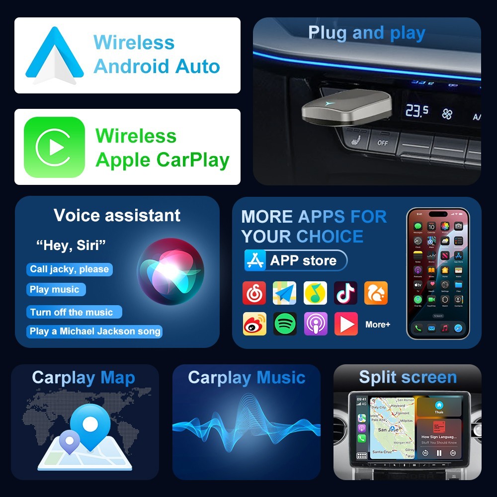 2 in 1 Car Auto Wireless Apple Carplay & Android Auto USB Adapter Plug & Play