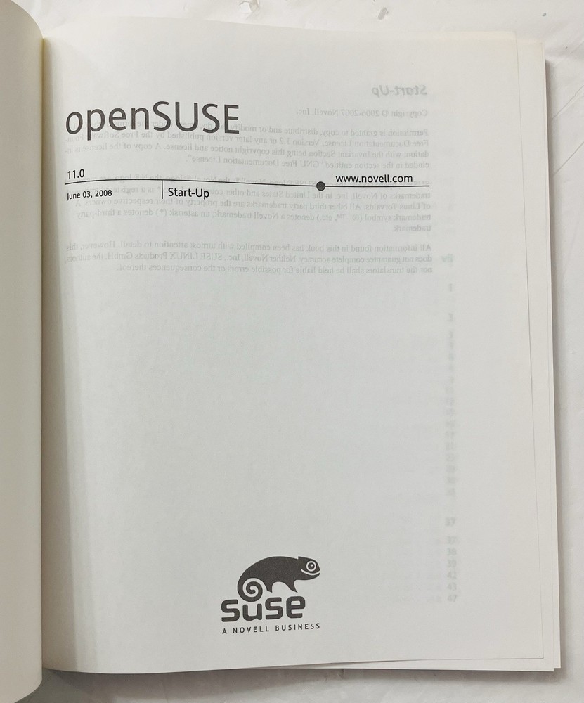 openSUSE 11.0 Start-Up Guide Softcover Linux Novell (2008) Reference Manual, VG+