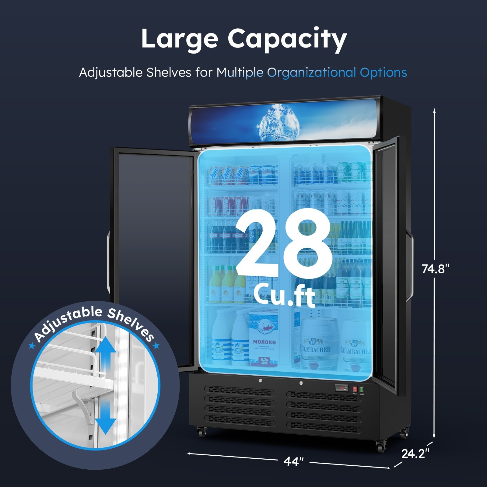 Commercial Merchandiser Refrigerator 28 CU.FT Glass Doors Beverage Refrigerators