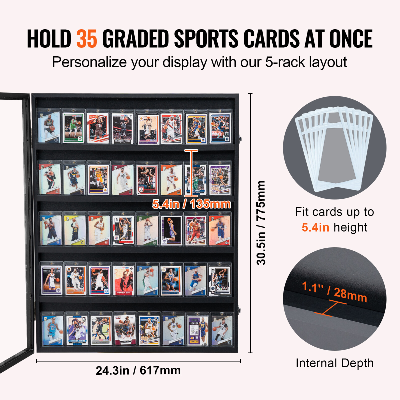 VEVOR 35 Graded Sports Card Display Case 24.3 x 30.5 x 2.1 in 98% UV Protection