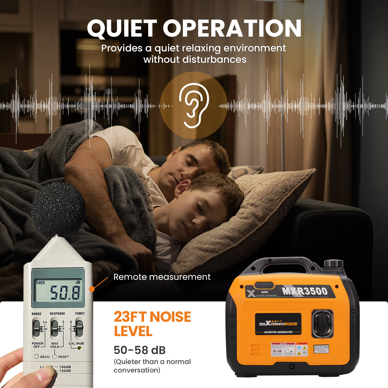 Gas Powered 3500 Watt Portable Inverter Generator Super Quiet 58 dB Home Backup