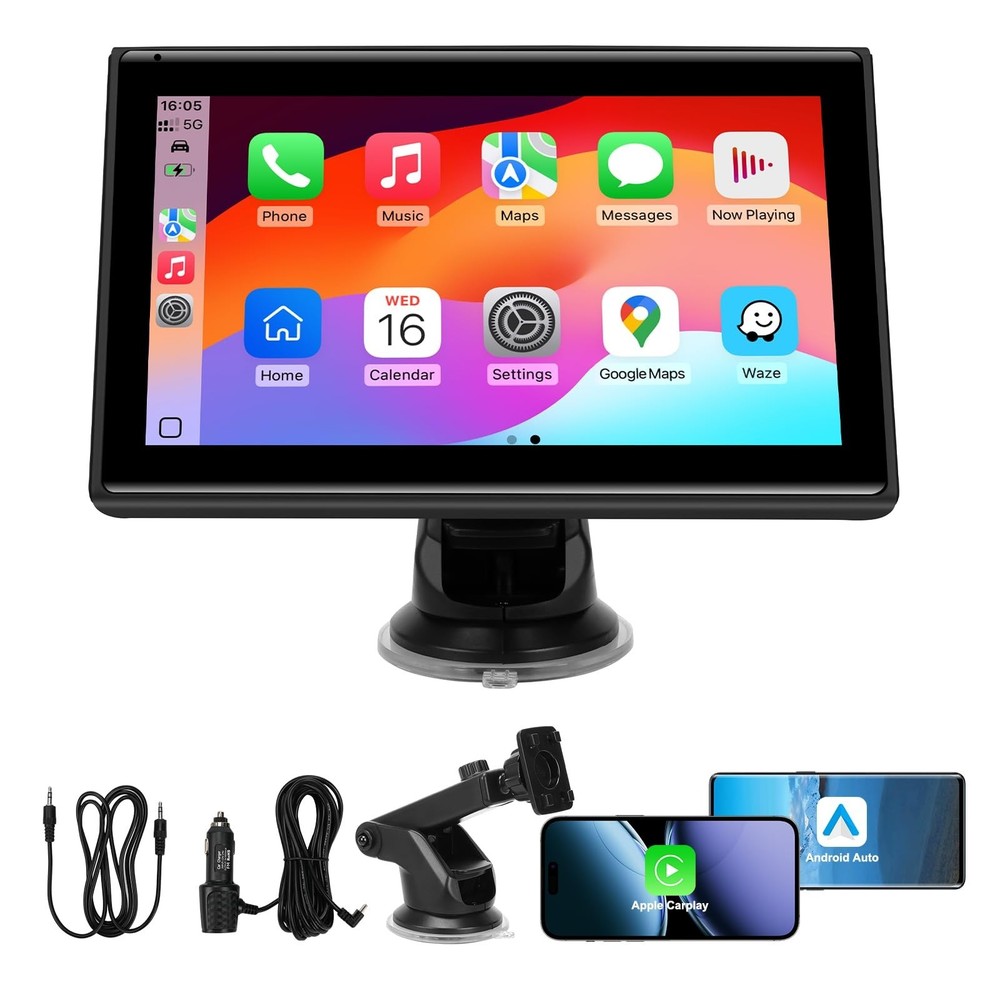 7" Portable Wireless CarPlay & Android Auto Screen - HD Touch, Bluetooth, GPS, V