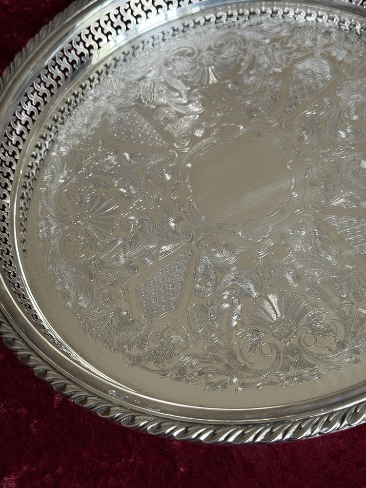 VTG Silver-plate 13” Tray Oneida USA with Scroll Etching Raised Rim Pierced.