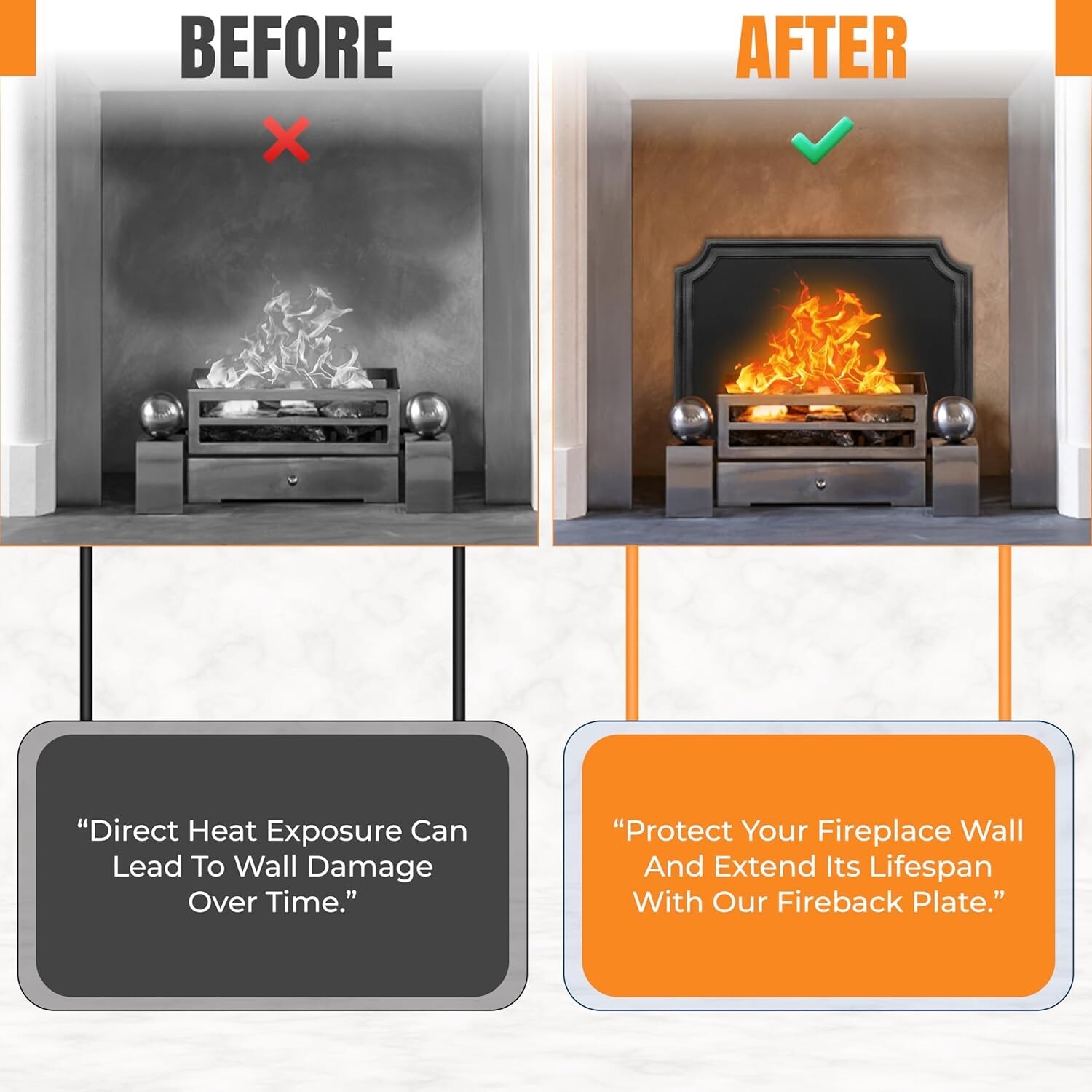 Fire Backs for Fireplace Heat Reflection Wall with Feet - 20"(W) x 16"(H)