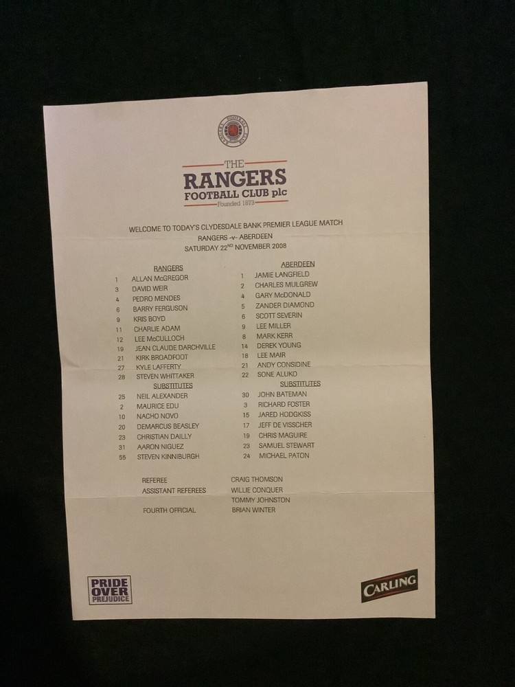 2008/9 Rangers v Aberdeen November teamsheet