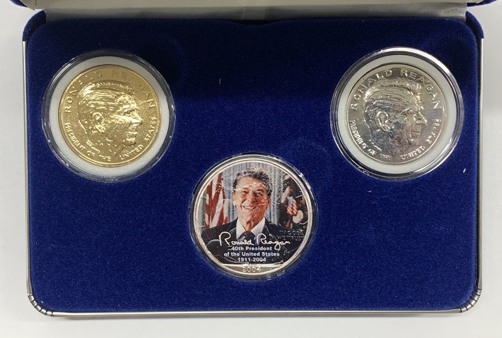 2004 Silver $1 Eagle Colorized Ronald Reagan & 2 Medal Set W/Box & COA