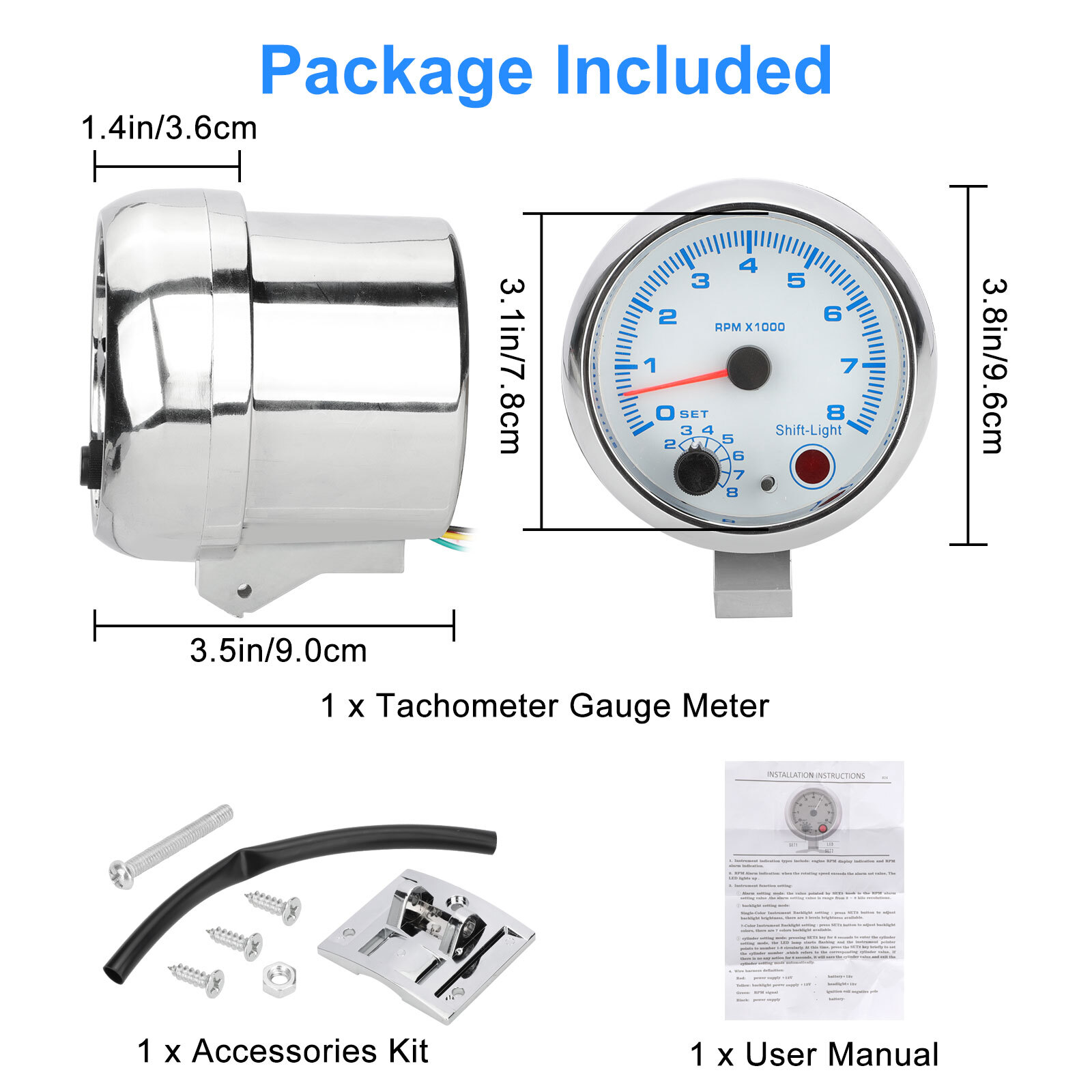 3.75'' 12V Car Tachometer Gauge Meter LED Inter Shift Light 0-8000 RPM Universal