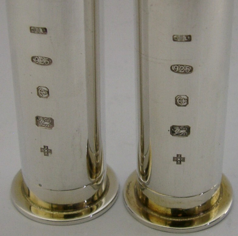 BOXED STERLING SILVER SHOOTING GUN CARTRIDGE SALT PEPPER POTS 2000 CRUET ENGLISH