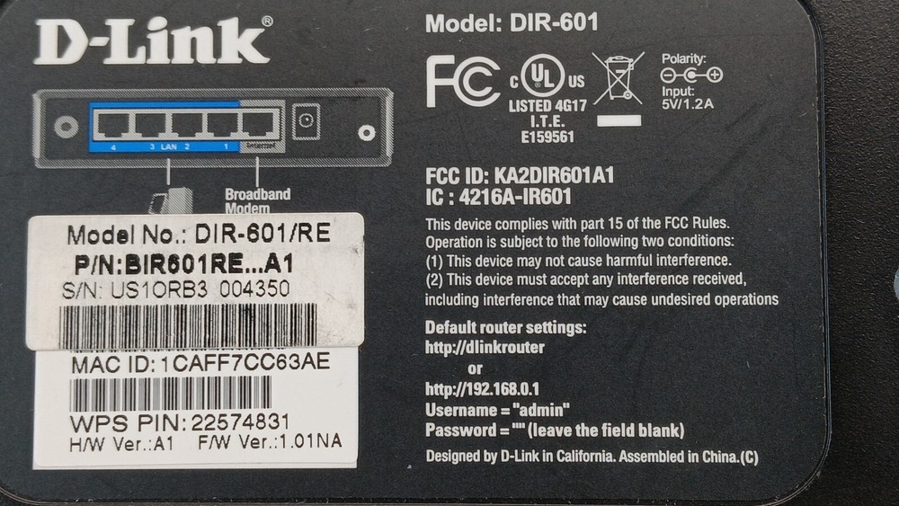DLink DIR-601 Router PN:BIR601
