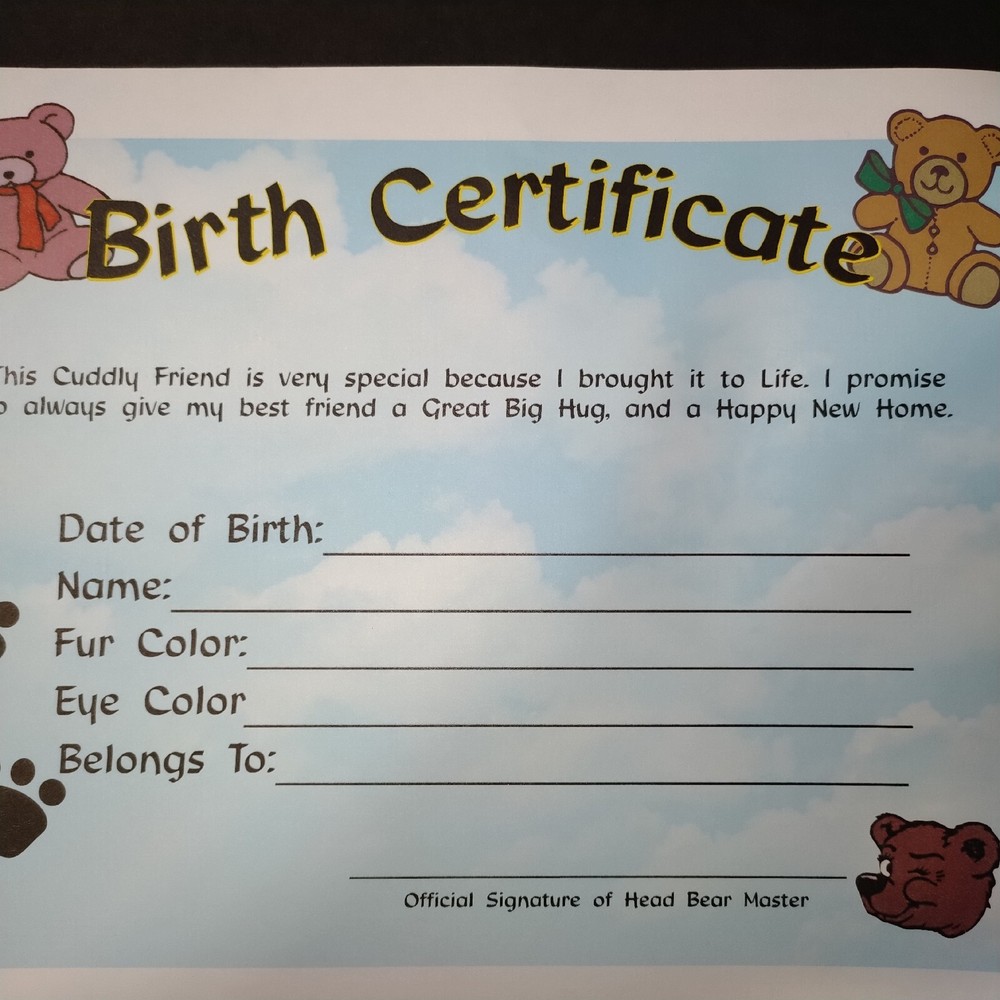 Vintage Build A Bear Blank Birth Certificate
