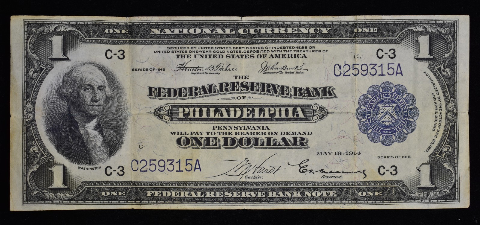 1918 $1 FEDERAL RESERVE NATIONAL BANK NOTE ✪ VF VERY FINE ✪ PHILADELPHIA 1914 C3