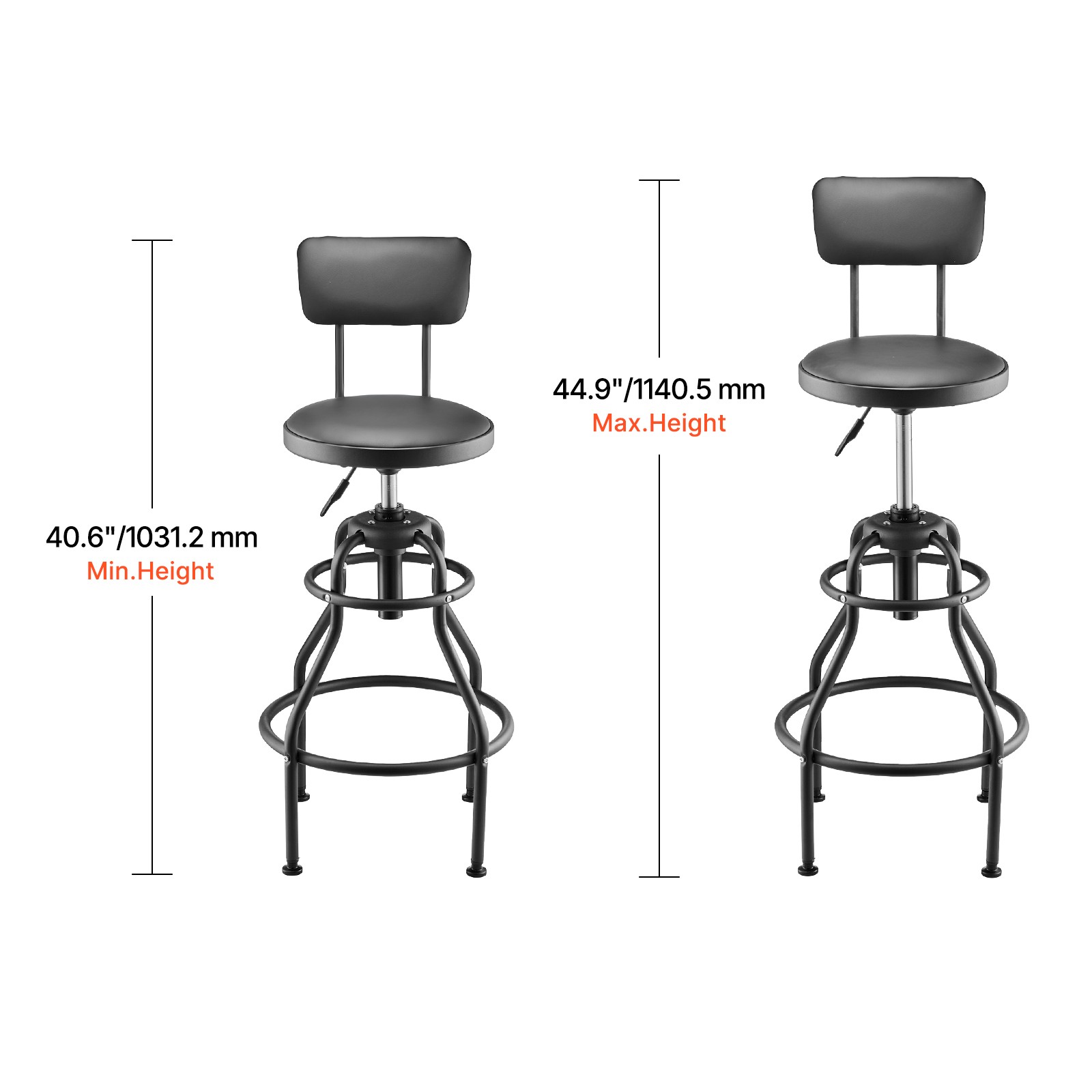 Shop Stool Adjustable Height Garage Work Seat 300 lbs Load with Backrest