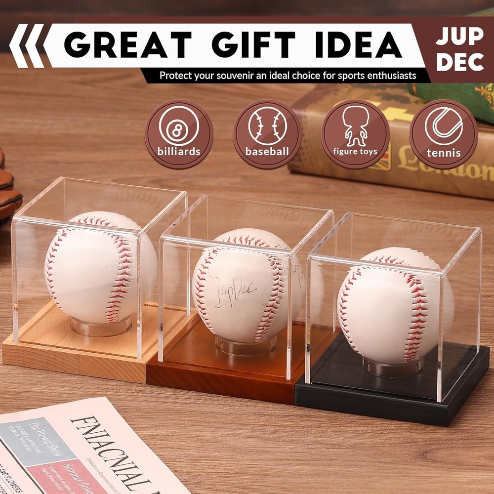 JupDec Baseball Display Case - Clear Cube Holder with 1 Pack, Brown