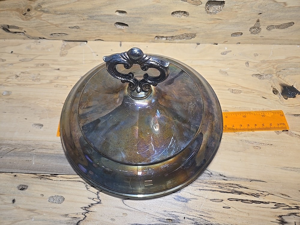 Polished Vintage Silver Plate 8.5in Lid with Ornate Handle D353