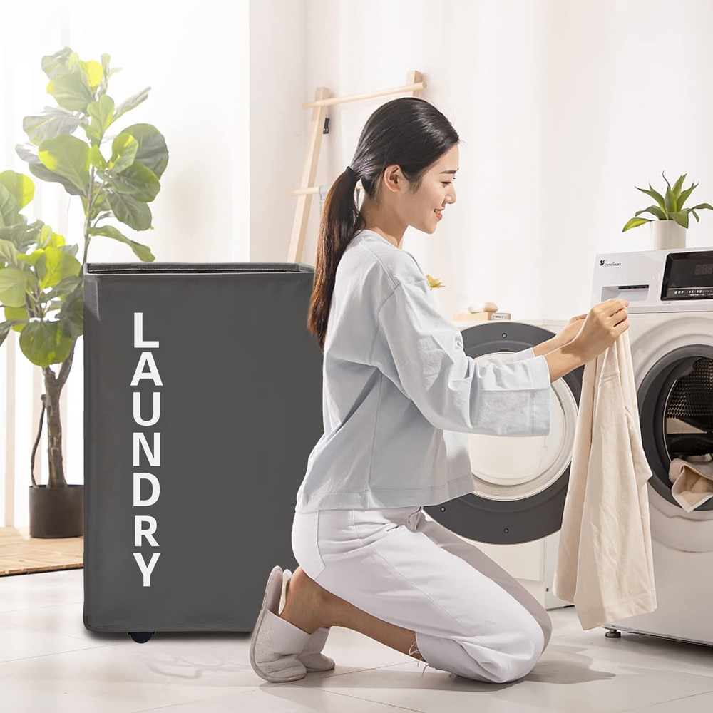 92L Grey Extra Large Standable Rolling Laundry Hamper Basket Wheels Leather