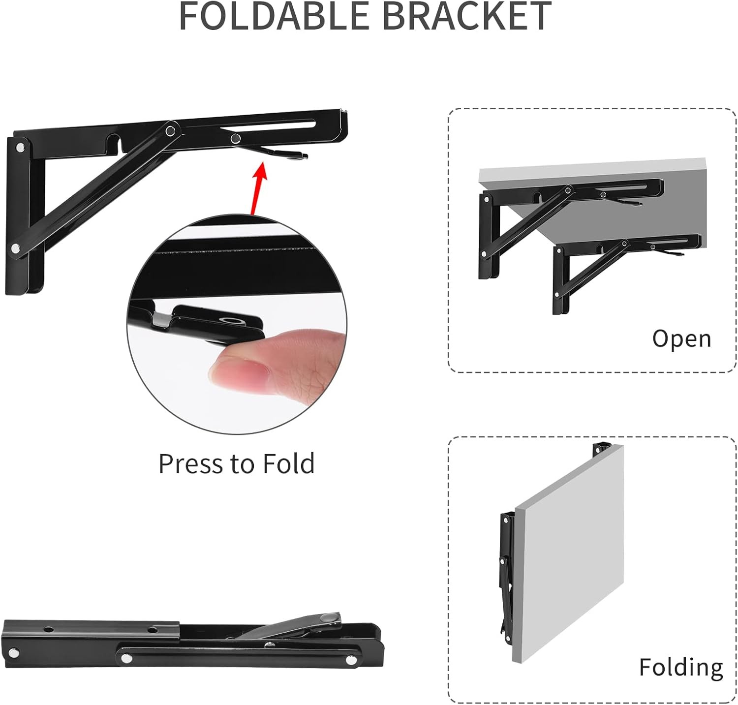 Folding Shelf Brackets Wall Mounted Heavy Duty Triangle Shelf 2Pcs Black/Silve