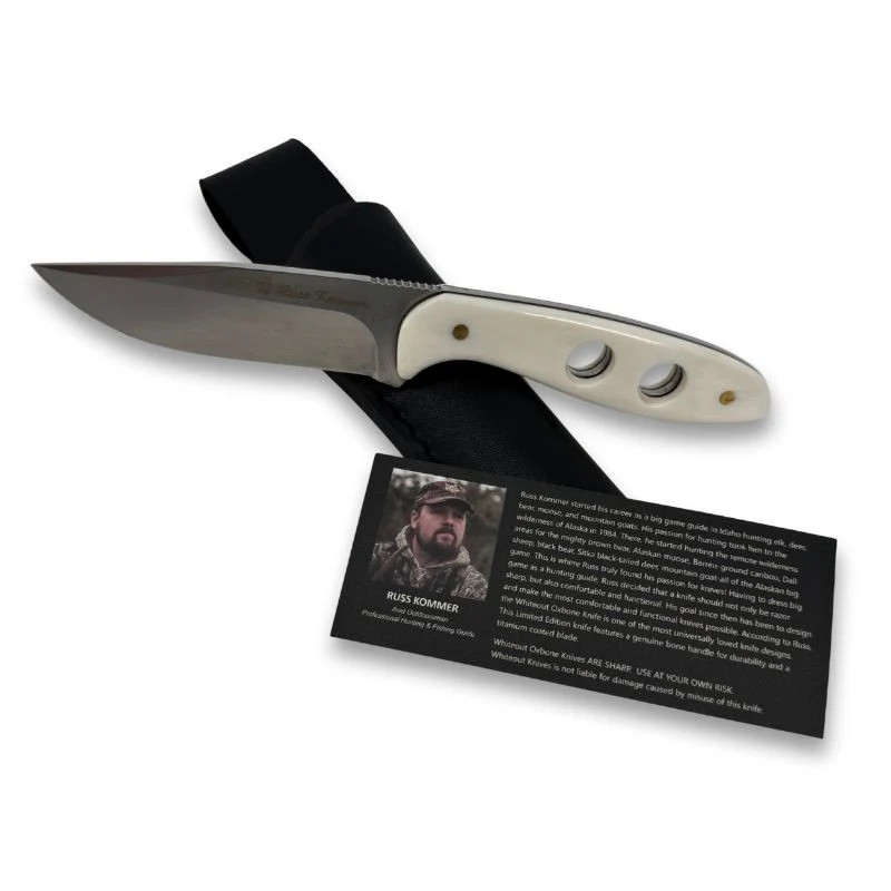 Russ Kommer Whiteout D2 Steel Fixed Blade Hunting Knife With Leather Sheath