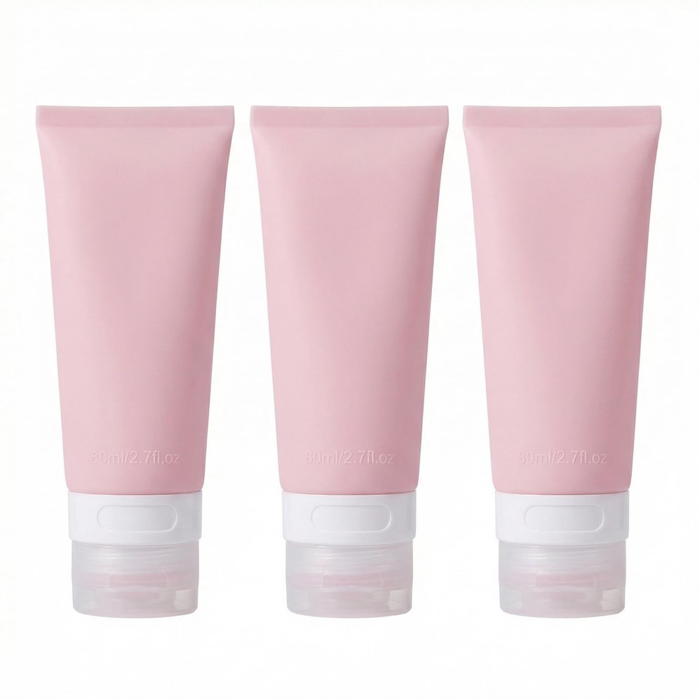 ‌3Pcs 80ml/2.7oz Pink Empty Refillable Silicone Squeeze Tubes with Transparen...