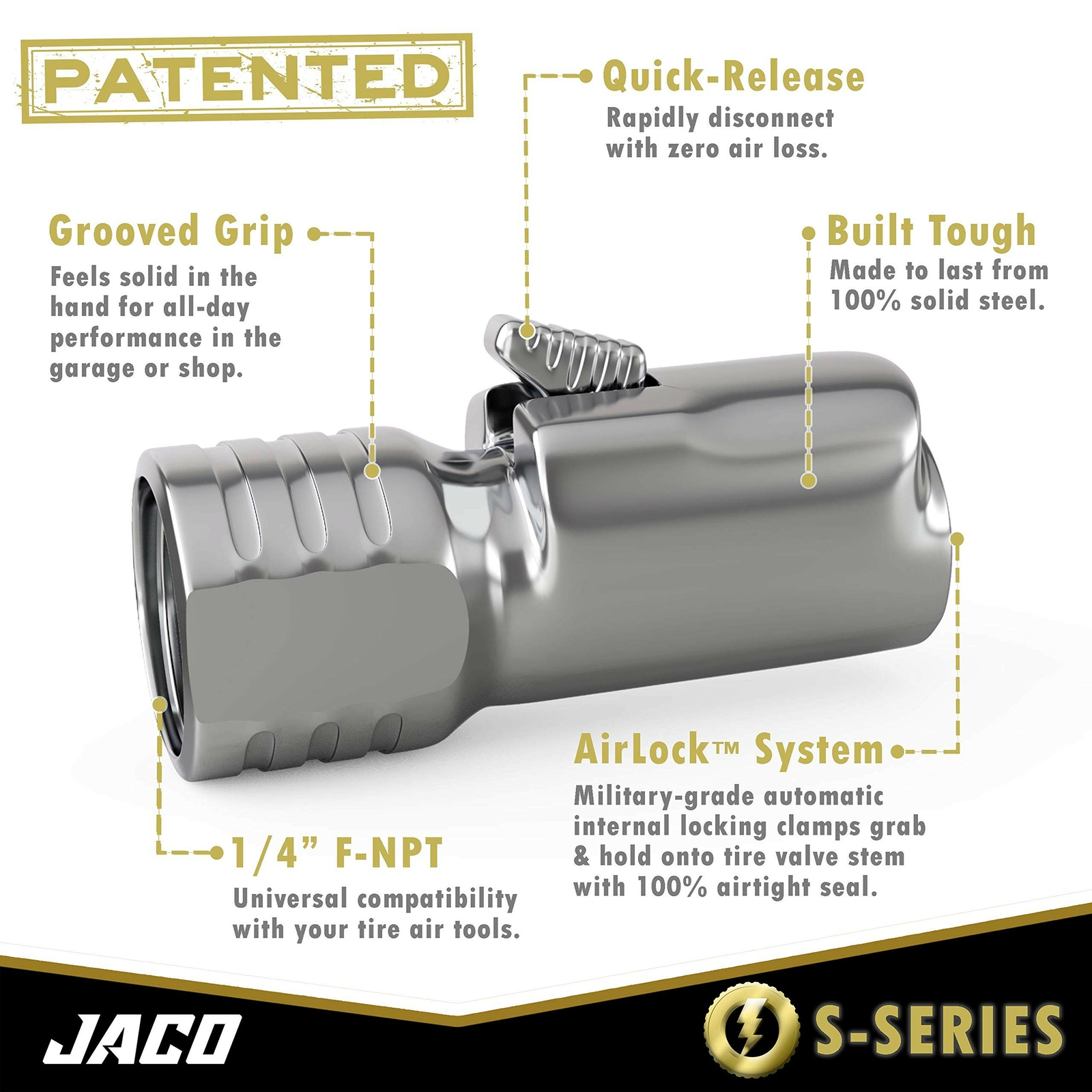 JACO Lightning Tire Air Chuck (S-Series) | Open Flow, 1/4" F-NPT (2 Pack)