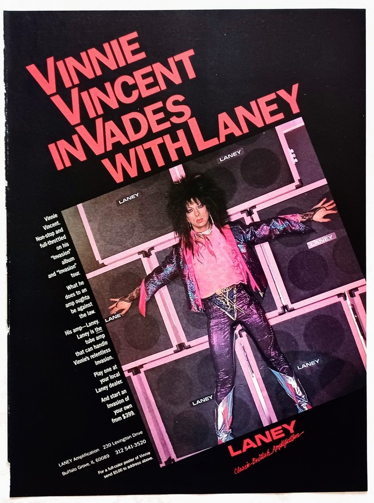 VINNIE VINCENT OF KISS~LANEY GUITAR AMPLIFIERS~1985 PROMO PRINT AD POSTER PINUP