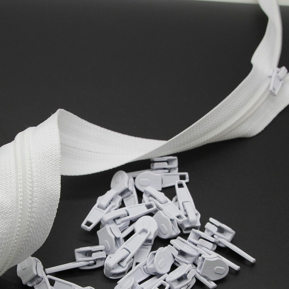Nylon Zipper - 10 Yards Continuous, 5# Cuttable, with 25 White Zipper Pull Slide
