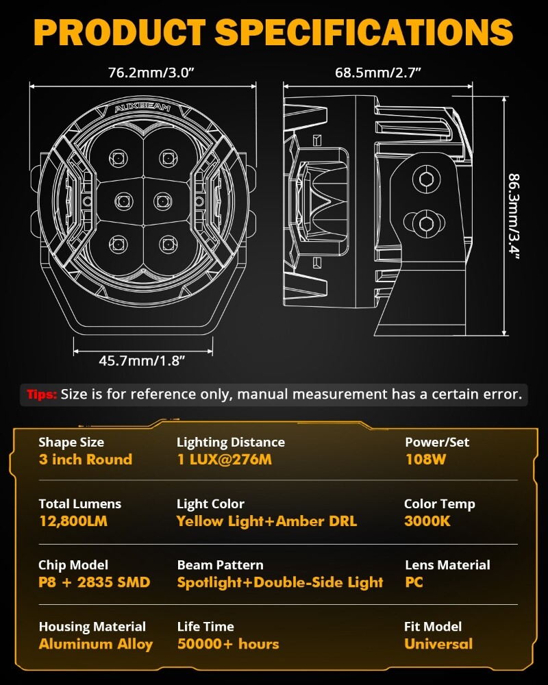 AUXBEAM 3"inch 108W Side Shooter LED Work Driving Light Spot Fog Pods Amber DRL