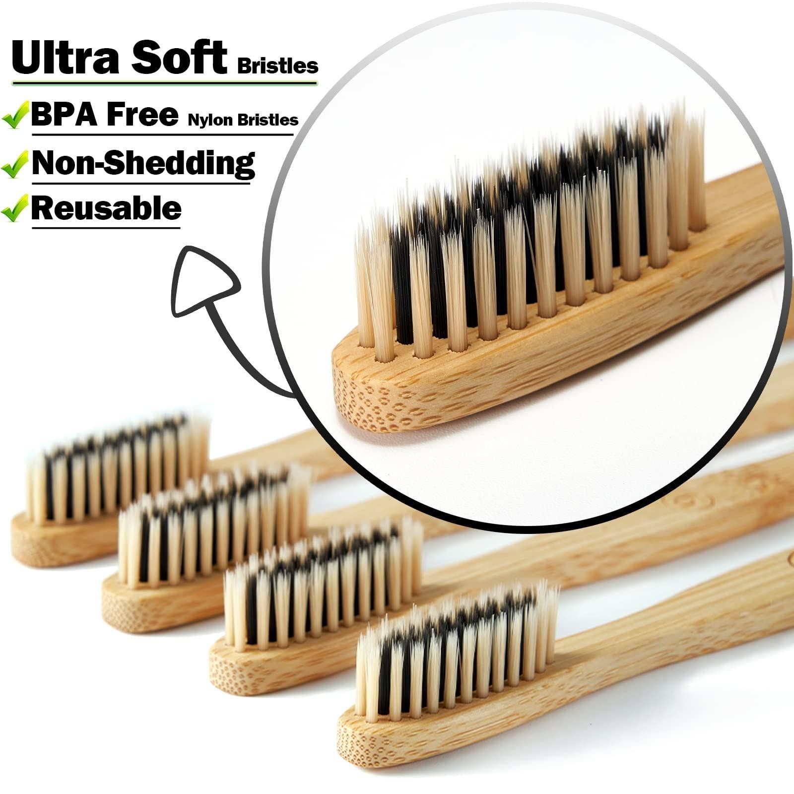 10 Pack Bamboo Toothbrushes – Charcoal Soft & Medium Bristles, Eco Friendly Wood