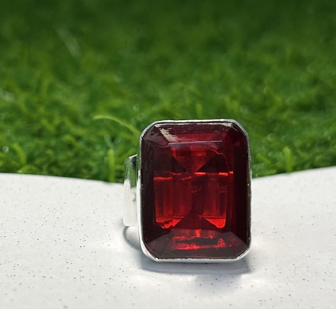 Solid 925 Sterling Silver Natural Red Garnet Emerald Cut Statement Handmade Ring