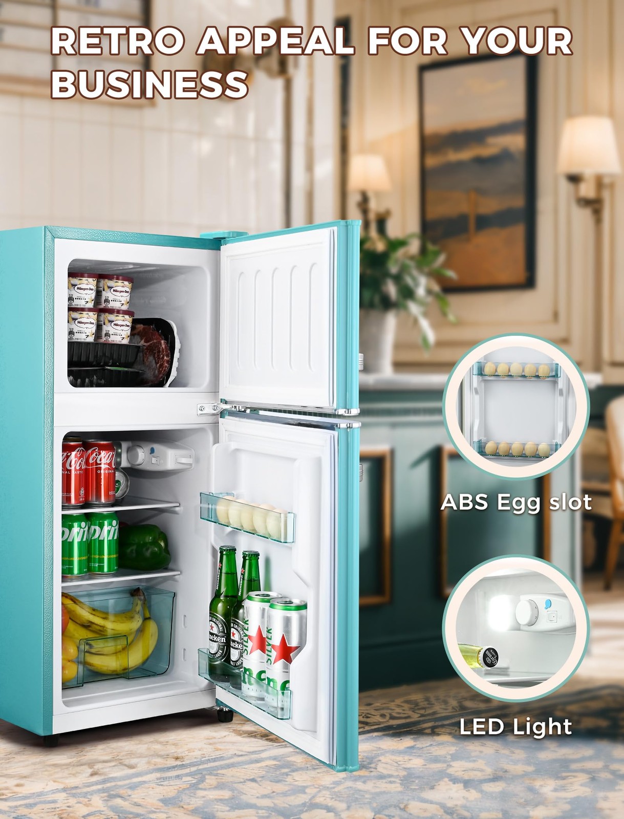 3.2 CuFt Retro Double Door Fridge Freezer 7 Temp Settings Blue