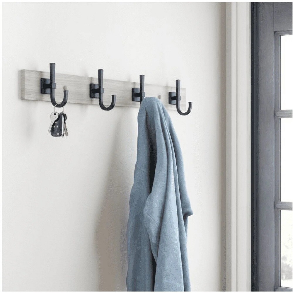 Miller 27" Wall Mounted Hook Rack, 4 Hooks, Rustic Gray & Matte Black