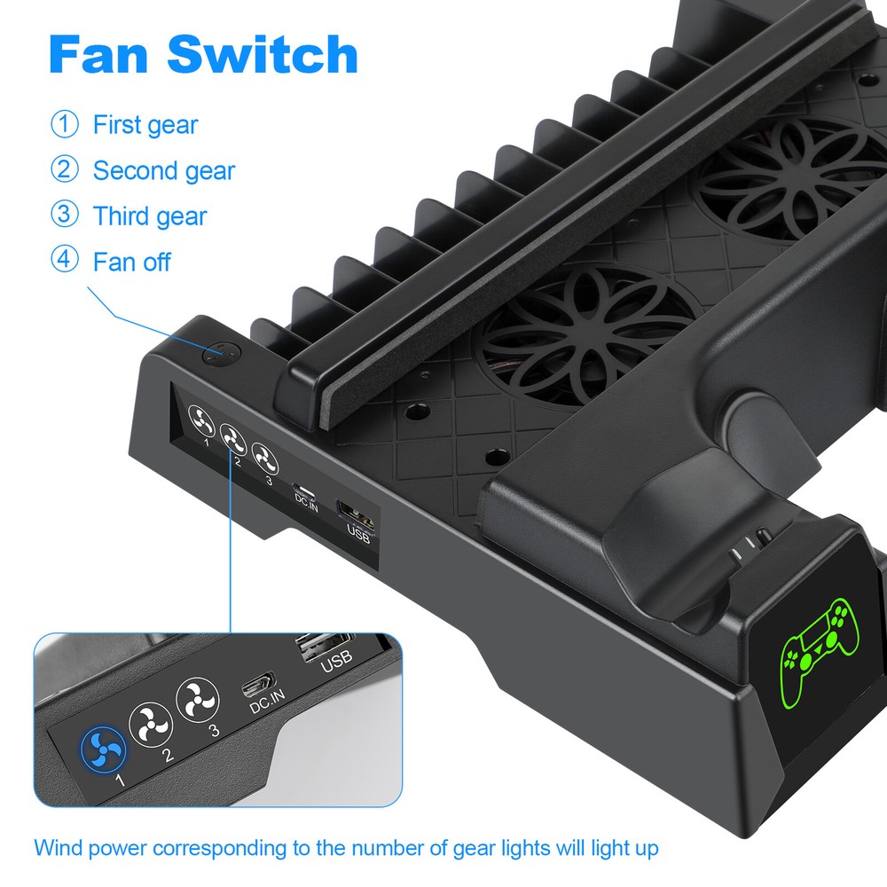 For PS4 Pro / Slim Vertical Stand + Cooling Fan Controller Charging Dock Station