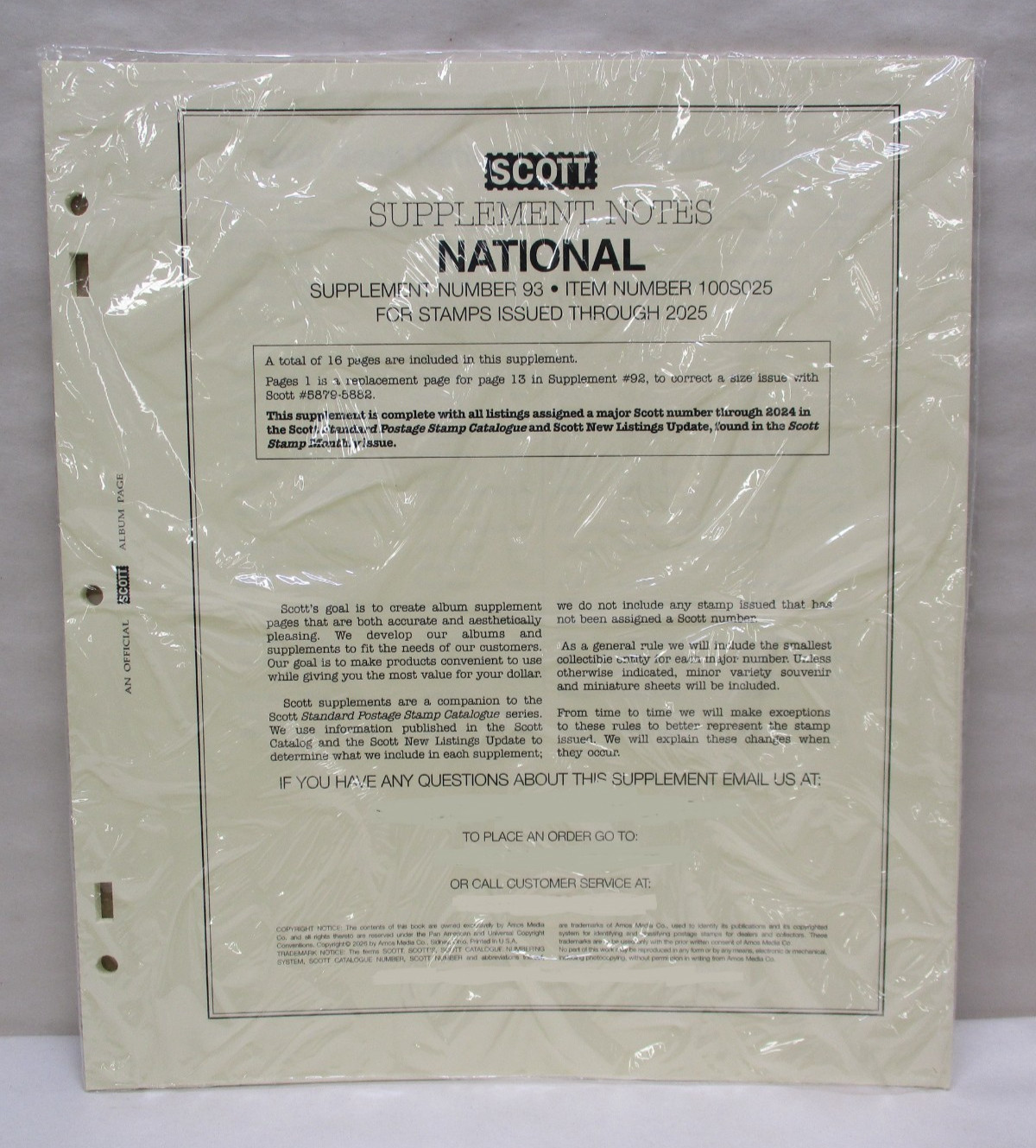 2025 Scott U.S. National Stamp Supplement Notes Album Pages #93 - Item #100S025