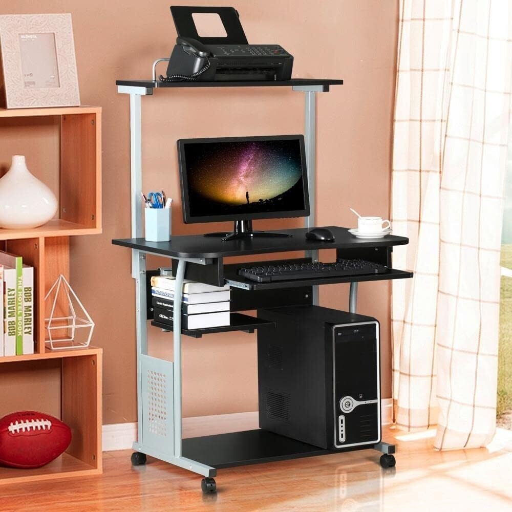 3 Tiers Mobile Computer Desk w/Printer Shelf & Keyboard Tray Rolling Study Desk