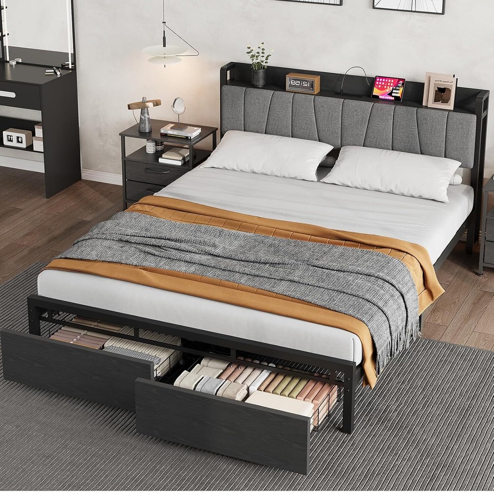 Full Bed Frame with Headboard Platform Bed Frame w/2 Drawer and Charging Station
