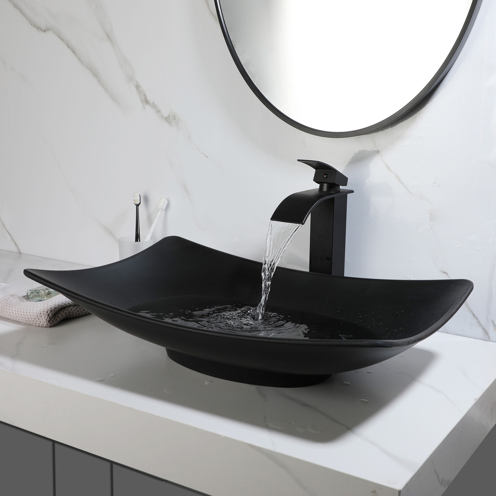 22.6inch Bathroom Vessel Sink Rectangle Resin Basin Bowl &Faucet And Drain Set