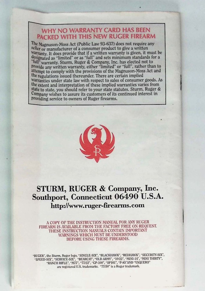 Ruger Model 77/50 Muzzleloading Black Powder Rifle Instuction Manual