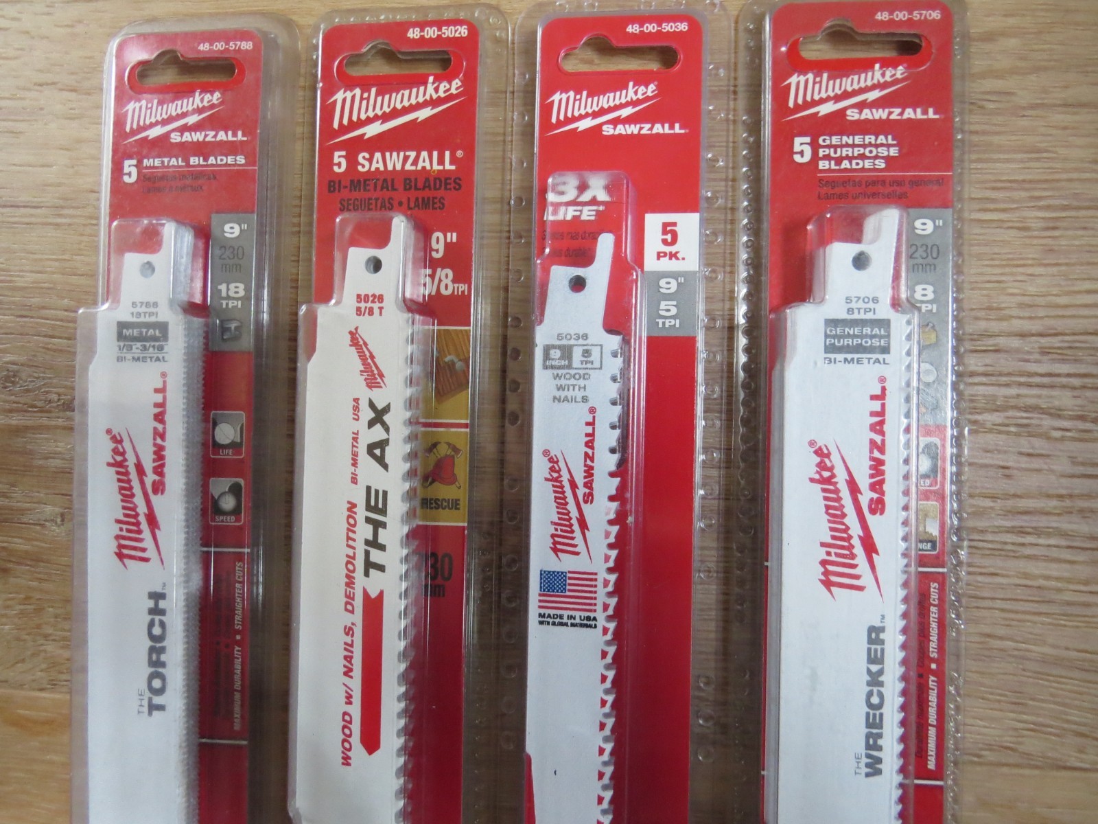 Lot of 4 Milwaukee Sawzall 9" blade 5 packs, #5036, #5706, #5026, & #5788