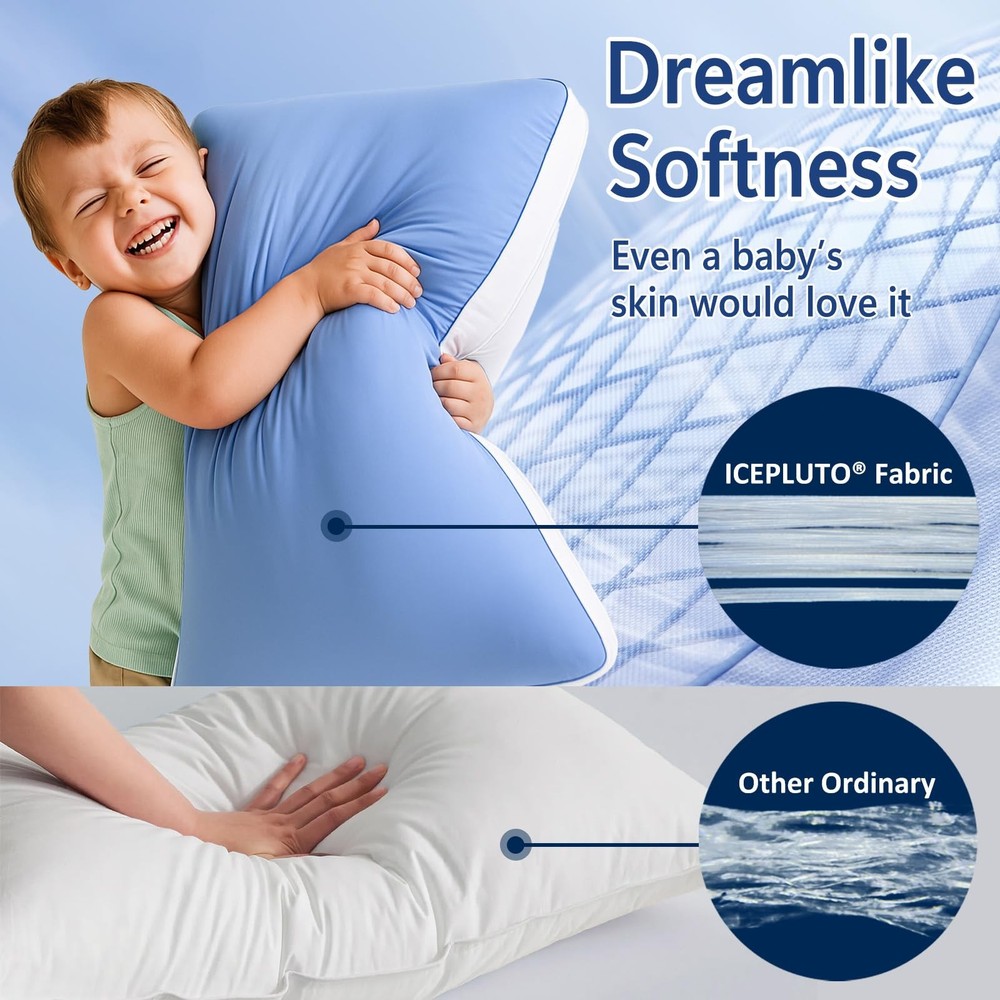 Supportive Queen Size Pillows 2 Pack, Stomach Sleeper Friendly, Blue
