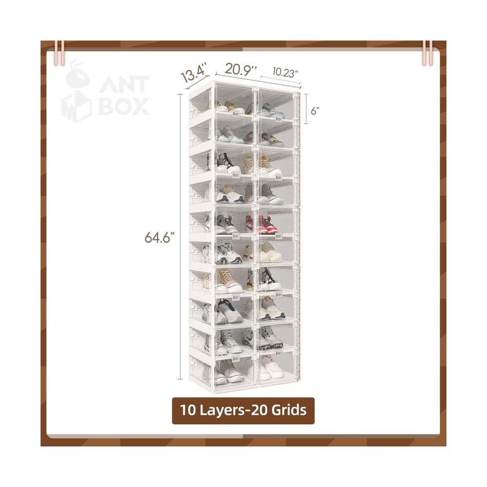 ANTBOX Collapsible Shoe Boxes Clear Plastic Stackable, Quick Setup Drop Front...