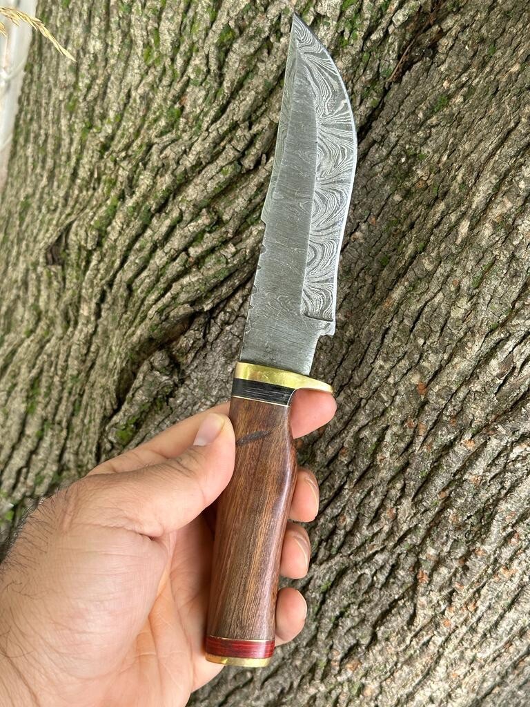 10” DAMASCUS STEEL Tactical Hunting SURVIVAL Fixed Bowie Knife Wood Handle X410