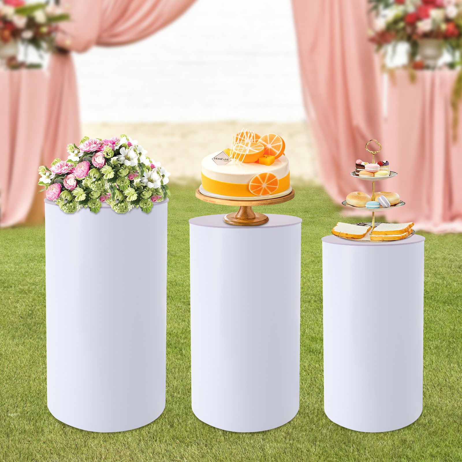 3 Pcs Round Cylinder Pedestal Stand For Wedding Party Display Stand Decor White