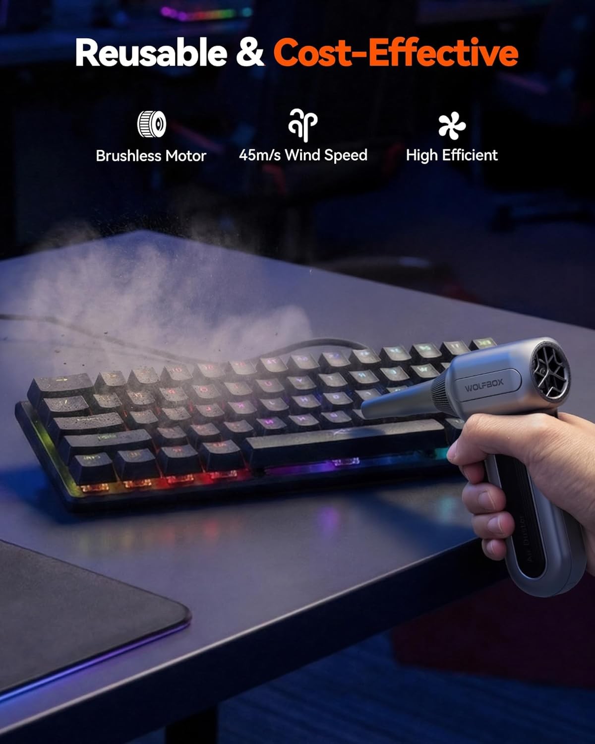 WOLFBOX MF70 Rechargeable Electric Air Duster 110000RPM 3-Speed with 5 Nozzles