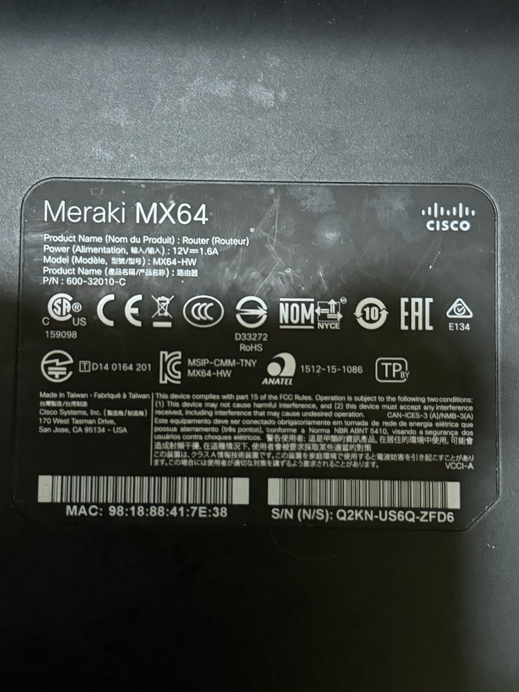 Cisco Meraki MX64 Cloud Managed Security Appliance Model MX64-HW (Untested)